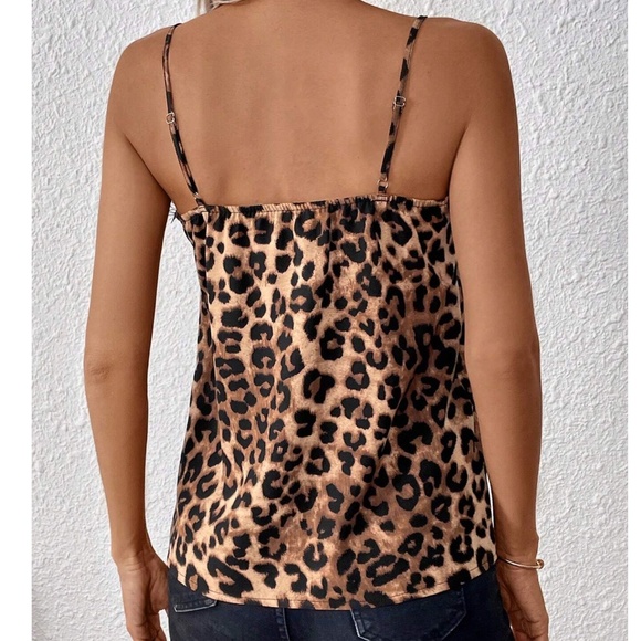 Leopard Print Eyelash lace Adjustable straps Satin Cami Top - Picture 4 of 4